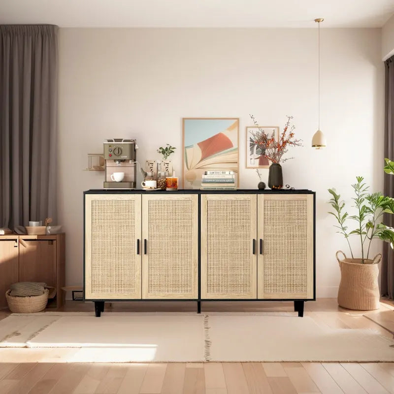 Meuble de rangement à porte en rotin avec pieds en bois massif noir