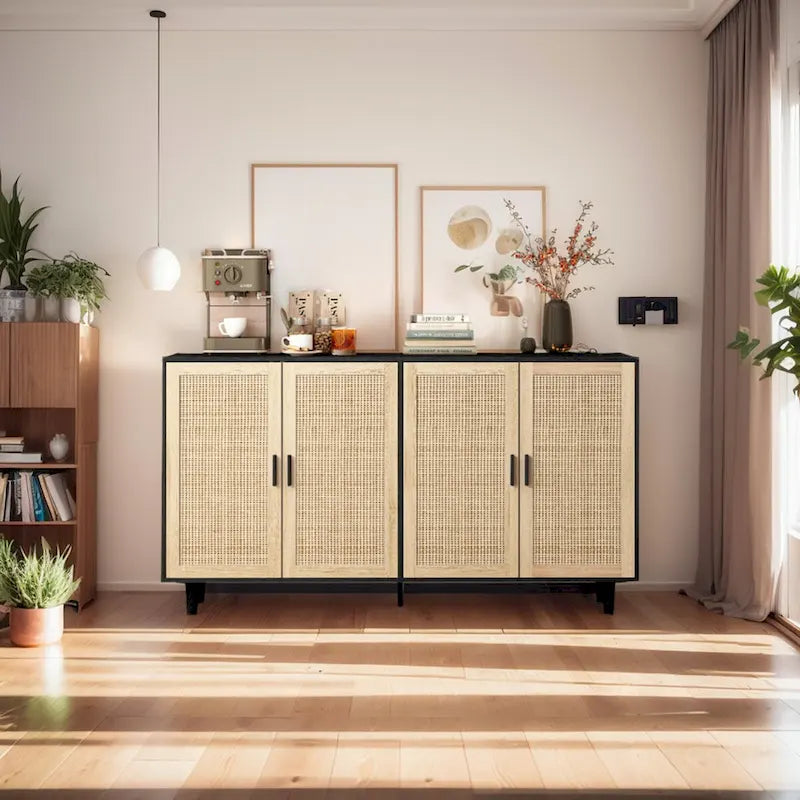 Meuble de rangement à porte en rotin avec pieds en bois massif noir