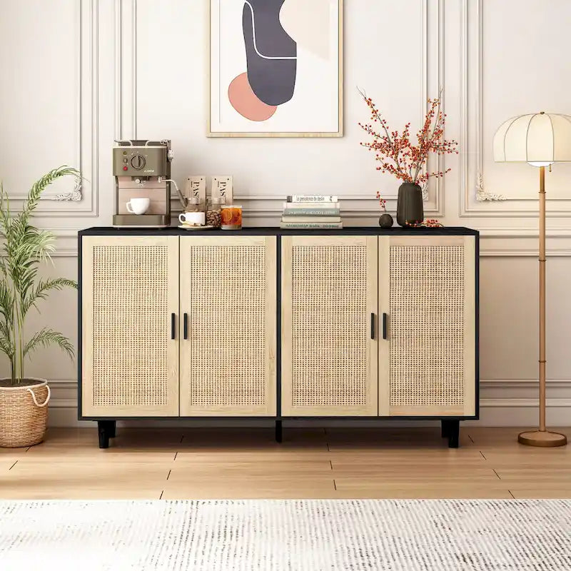 Meuble de rangement à porte en rotin avec pieds en bois massif noir