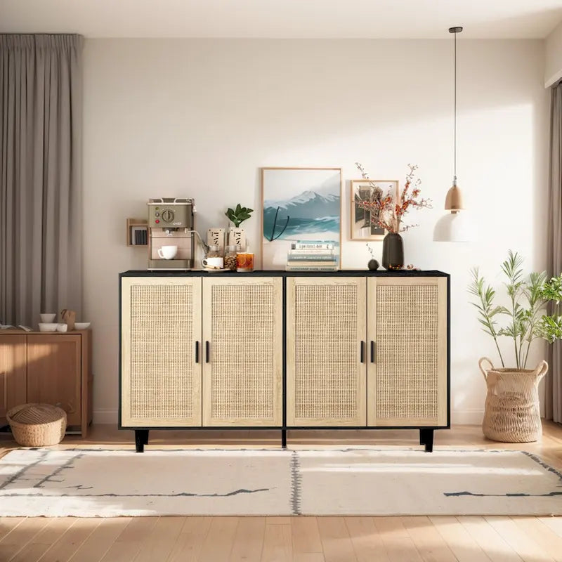Meuble de rangement à porte en rotin avec pieds en bois massif noir