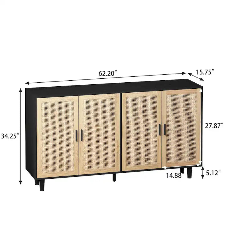Meuble de rangement à porte en rotin avec pieds en bois massif noir