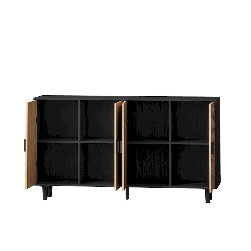 Meuble de rangement à porte en rotin avec pieds en bois massif noir