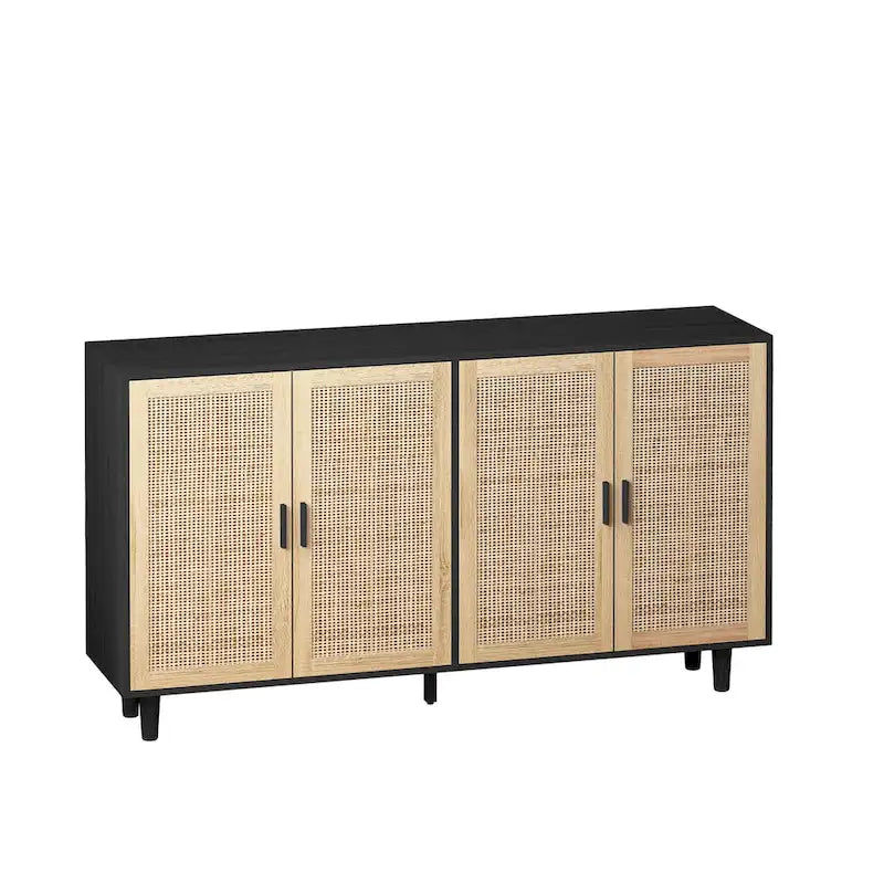 Meuble de rangement à porte en rotin avec pieds en bois massif noir