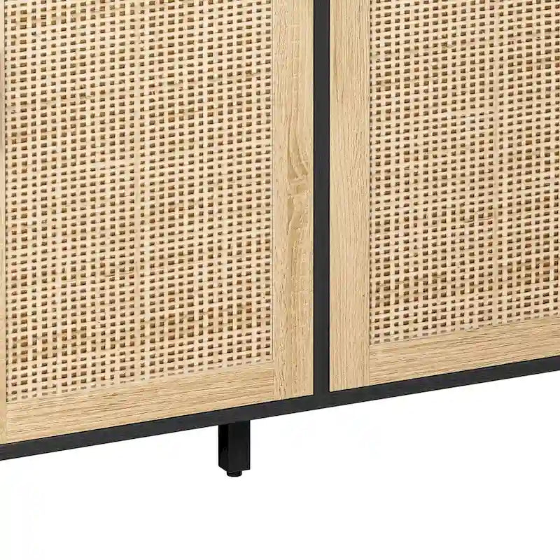 Meuble de rangement à porte en rotin avec pieds en bois massif noir