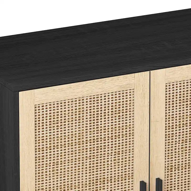 Meuble de rangement à porte en rotin avec pieds en bois massif noir