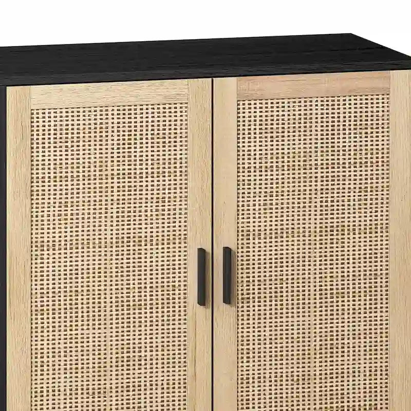 Meuble de rangement à porte en rotin avec pieds en bois massif noir
