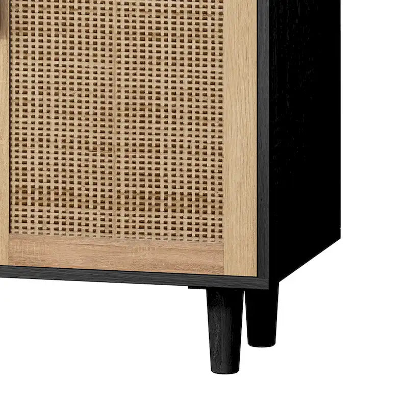 Meuble de rangement à porte en rotin avec pieds en bois massif noir