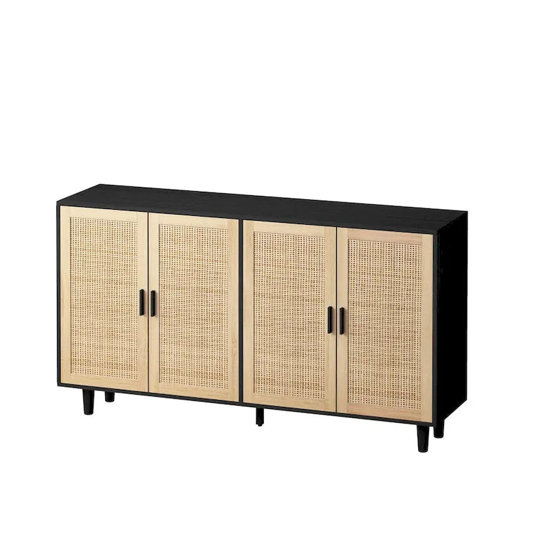 Meuble de rangement à porte en rotin avec pieds en bois massif noir