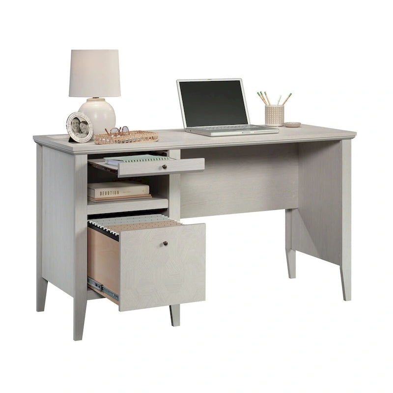 Bureau à piédestal simple avec surface coulissante et tiroir classeur en chêne glacier