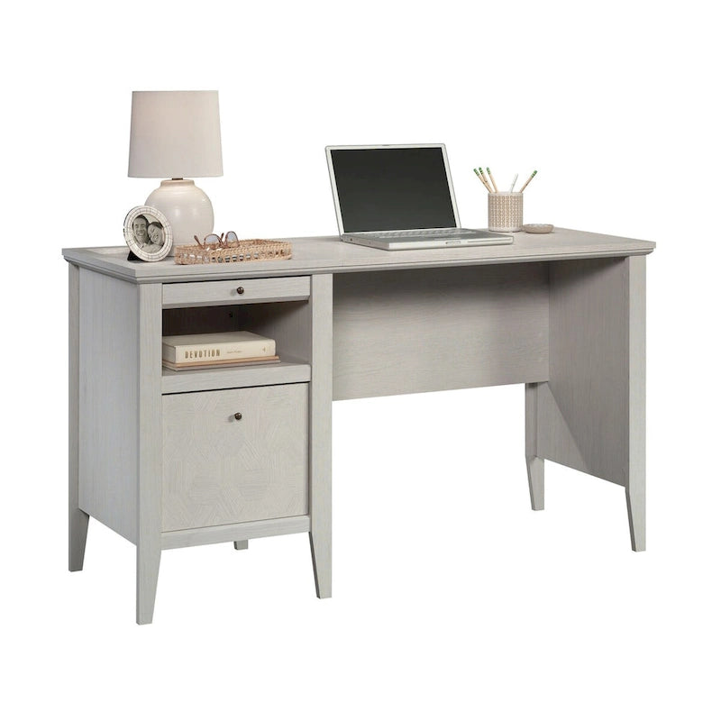 Bureau à piédestal simple avec surface coulissante et tiroir classeur en chêne glacier