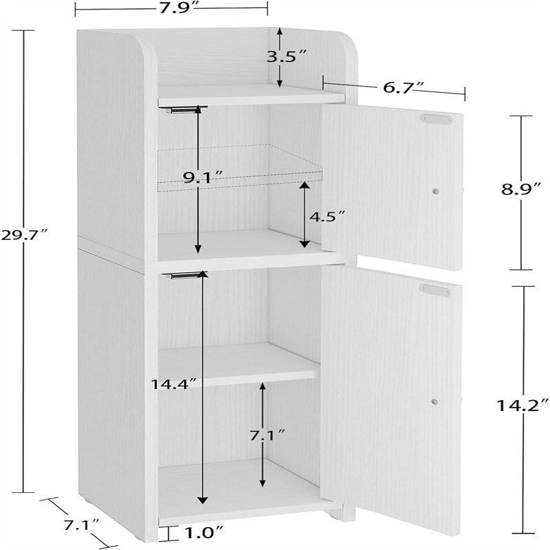 Meuble de salle de bain blanc étroit avec deux portes et étagères réglables