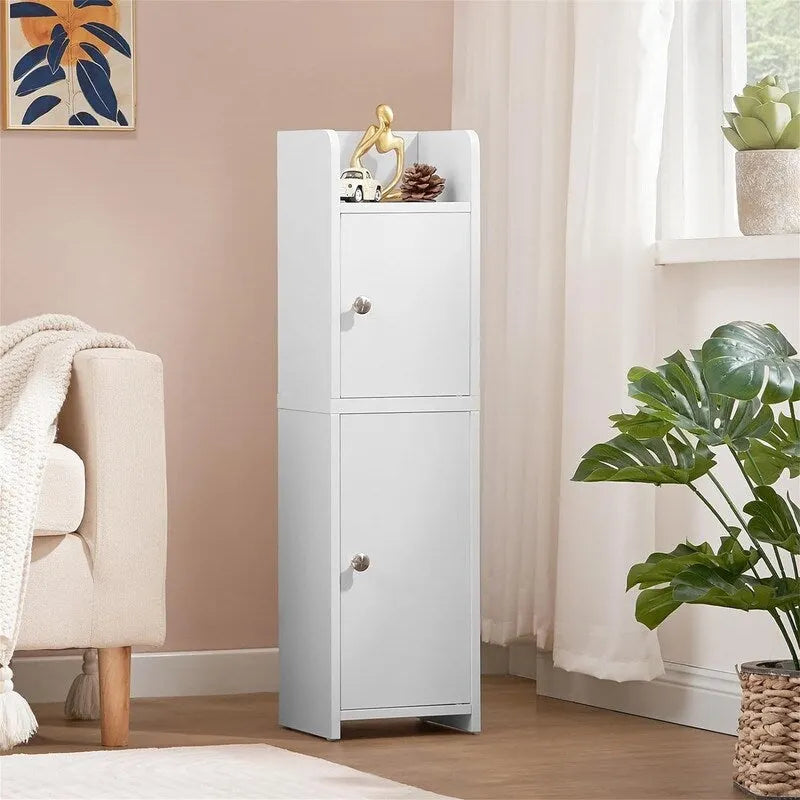 Meuble de salle de bain blanc étroit avec deux portes et étagères réglables