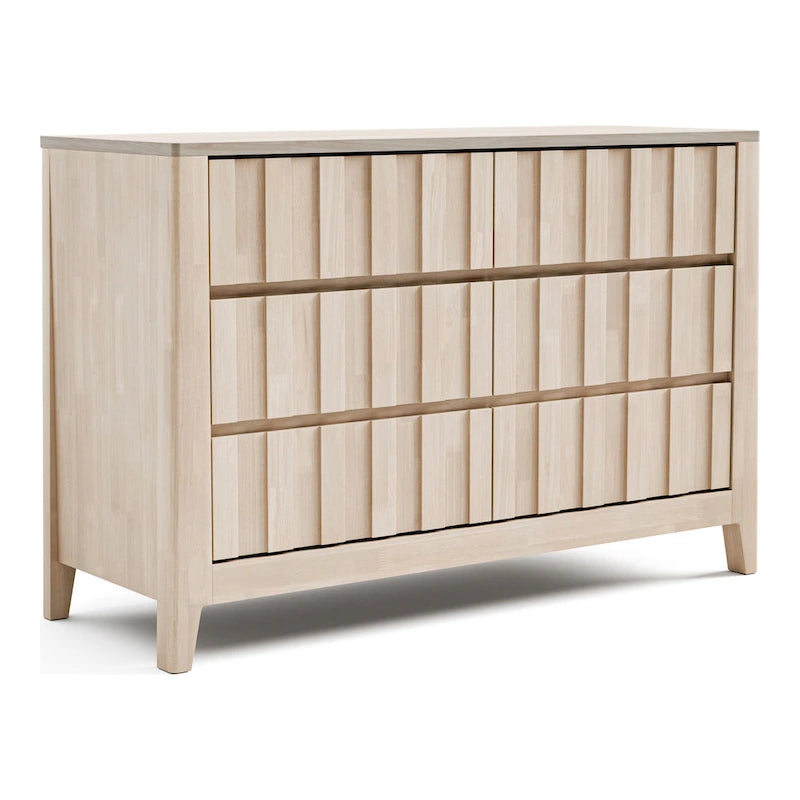 Commode double à 6 tiroirs, blanc délavé, en bois massif, avec cannelures verticales de style Mid-century moderne