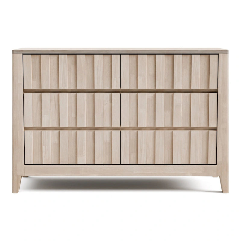 Commode double à 6 tiroirs, blanc délavé, en bois massif, avec cannelures verticales de style Mid-century moderne