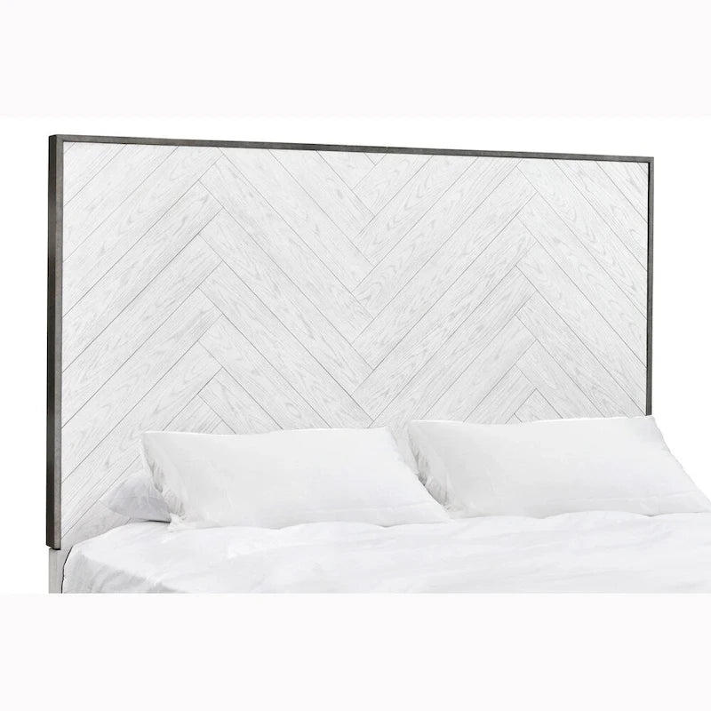 Cadre de lit plateforme à motif chevrons en bois de chêne blanc et acier couleur étain