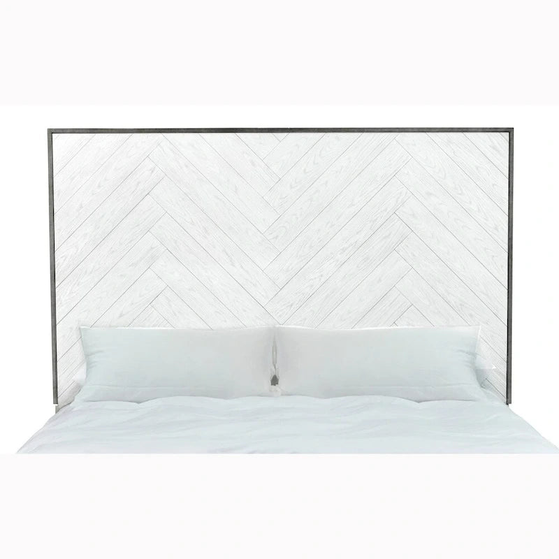 Cadre de lit plateforme à motif chevrons en bois de chêne blanc et acier couleur étain